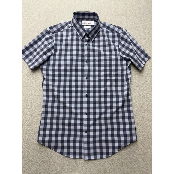 Mizzen+Main Leeward Shirt Mens Large Blue Gray Gingham‎ Short Sleeve Trim Fit